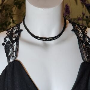 Three Strand Black Glass Seed Bead Collar Choker Necklace 15"-16"